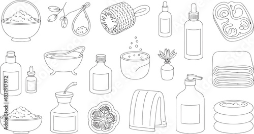 Line art collection of spa and bath items including bottles towels and bowls beauty wellness