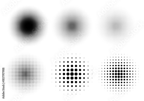 Set of halftone dots gradient pattern texture isolated on white background. Straight dotted spots using halftone circle dot raster texture. Vector blot half tone collection.