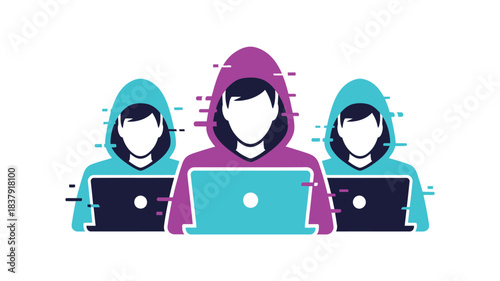 Anonymous hooded figures using laptops representing digital privacy and cybersecurity threats