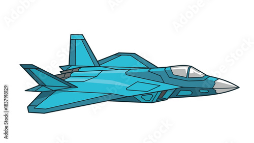 A cartoon illustration of a blue fighter jet in a side view