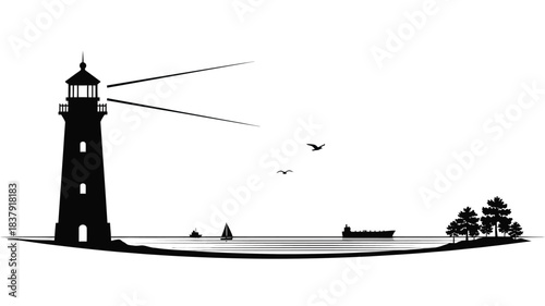 A striking black and white illustration of a lighthouse by the sea