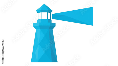A modern geometric blue lighthouse illustration with a bright beacon of light