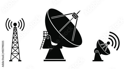 Communication technology icons satellite dish cell tower and radio signal waves