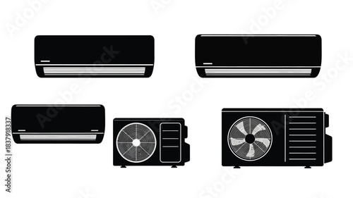 Four black and white illustrations of different air conditioner unit designs