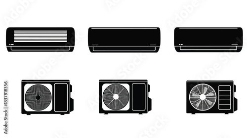 Air conditioner units in various views front side and internal component diagrams