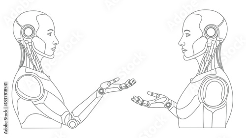 Two robotic heads facing each other with outstretched hands in a sketch