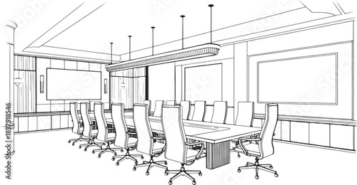 Minimalist line art illustration of a modern conference room with a long table and chairs meeting room