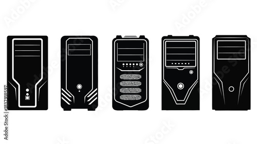 Stylized black and white illustrations of various computer tower cases