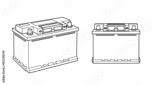Line drawing of two car batteries shown in different perspectives