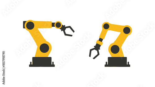Illustration of two industrial robotic arms with gripping claws in a workspace