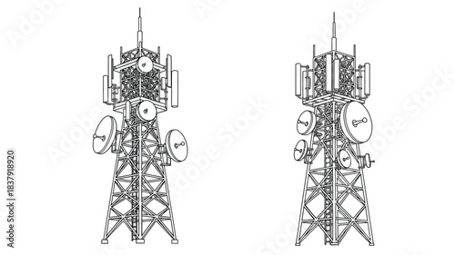 Detailed illustration of two communication towers with antenna arrays and dishes