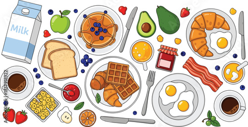 A colorful flat lay illustration of a breakfast spread with pancakes waffles and fried eggs