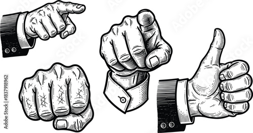 Black and white illustration of four hands gesturing pointing fist and thumbs up