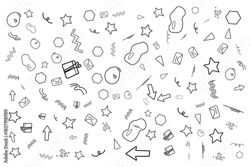 charming hand-drawn doodle seamless pattern with stars, gifts, arrows, waves, triangles, abstract shapes and playful elements for festive backgrounds and designs