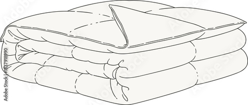 Black and white line drawing of a folded fluffy duvet or comforter blanket bedding
