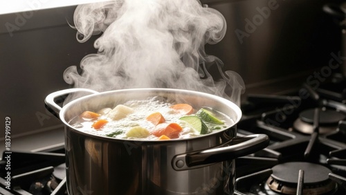 Fototapeta Naklejka Na Ścianę i Meble -  Steaming Pot of Vegetable Soup on a Gas Stove with Rising Vapor