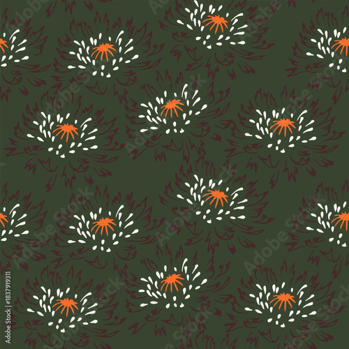 Seamless vector floral pattern with expressive chrysanthemum silhouettes on a dark green background. Bold hand drawn petals and contrasting centers create an elegant decorative design
