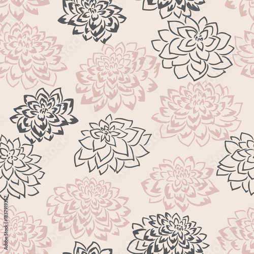 Elegant vector pattern with hand-drawn chrysanthemum flowers in soft pink and charcoal tones. Delicate floral outlines create a modern, feminine seamless design for textiles and decor