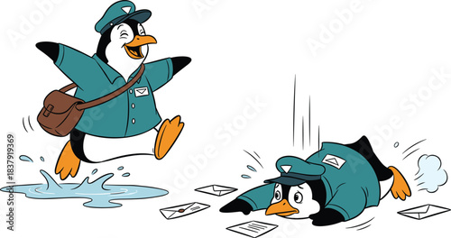 Cartoon penguins dressed as mail carriers one jumping happily the other falling postal worker