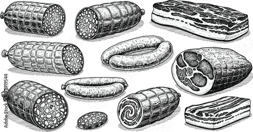 Collection of black and white ink illustrations of various cured meats and sausages