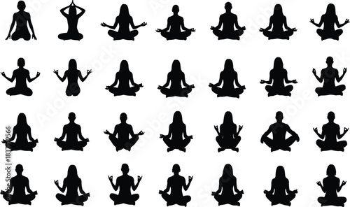 Collection of black silhouettes of men and women meditating in various yoga poses