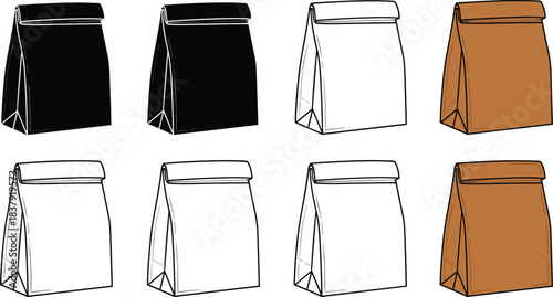 Collection of four black and four brown paper lunch bags with folded tops paper bag