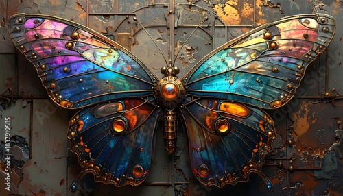 Steampunk butterfly with ornate metal frame and iridescent wings set against a weathered metal wall background