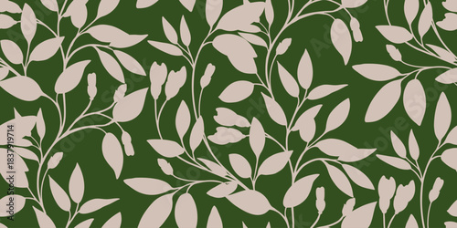 Seamless vector pattern with elegant botanical branches, soft leaves, and delicate buds on a rich background. Stylish organic design for fabrics, packaging, and modern decor