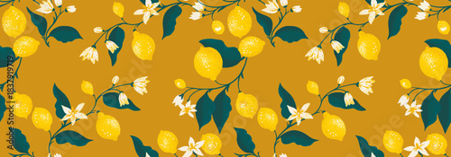 Seamless vector pattern with vibrant yellow lemons, white blossoms, and deep green leaves on a warm mustard background. Elegant botanical design for summer textiles and packaging