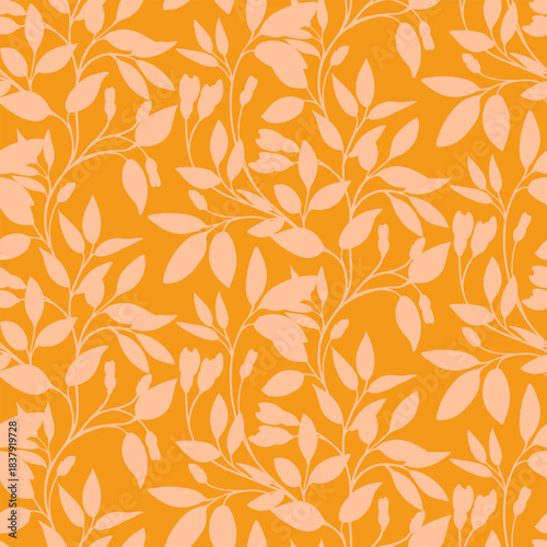 Elegant seamless vector pattern with delicate botanical branches and soft leaves in warm peach tones on an orange background for textiles, packaging, and modern decor