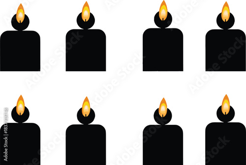 Eight black candles with orange yellow flames on white background fire burning