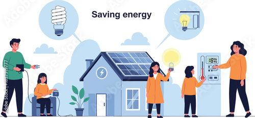 Family saving energy with solar panels and smart home devices energy saving house