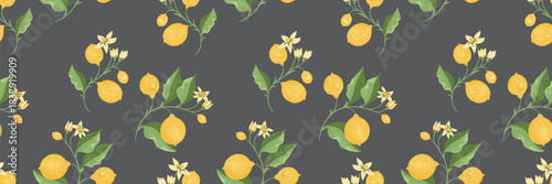 Seamless vector pattern with vibrant lemons, delicate blossoms and lush green leaves on a dark grey background. Perfect for summer textiles, packaging, wallpapers and fresh botanical design