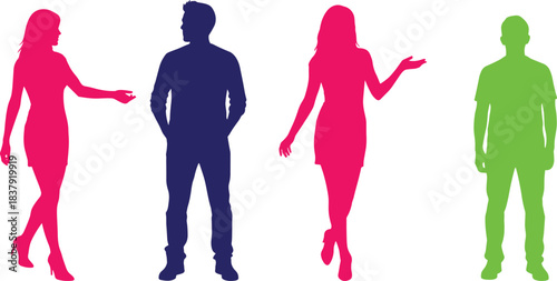 Four solid color silhouettes of people standing against a white background woman