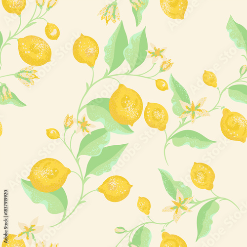 Seamless vector pattern with bright yellow lemons, fresh green leaves and delicate blossoms on a light cream background. Soft textured details create a lively, summery botanical design
