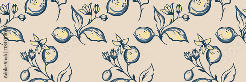 Seamless vector pattern with expressive hand drawn lemon branches, blossoms and leaves in bold blue strokes with soft yellow accents on a beige background. Perfect for textiles elegant surface design