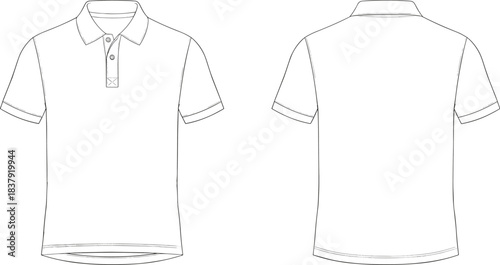 Front and back view line drawing of a short sleeve polo shirt t-shirt clothing