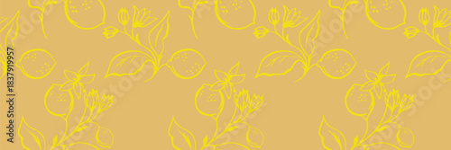 Seamless vector pattern featuring delicate lemon branches, blossoms and leaves in soft line art on a warm mustard background. Ideal for textiles, packaging, decor and modern surface design.