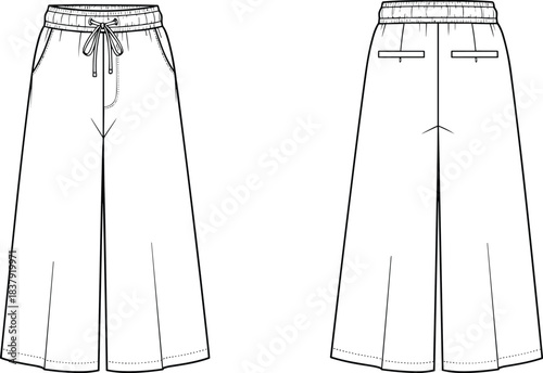 Front and back view flat sketch of wide leg culottes with drawstring waist pants