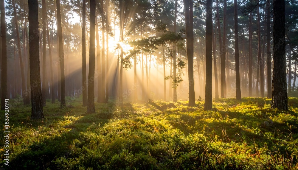 Fototapeta premium Sun rays filter through the forest trees, illuminating the lush undergrowth on the forest floor at golden hour