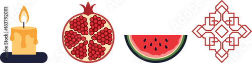 Lit yellow candle half pomegranate slice watermelon and red geometric ornament lit candle
