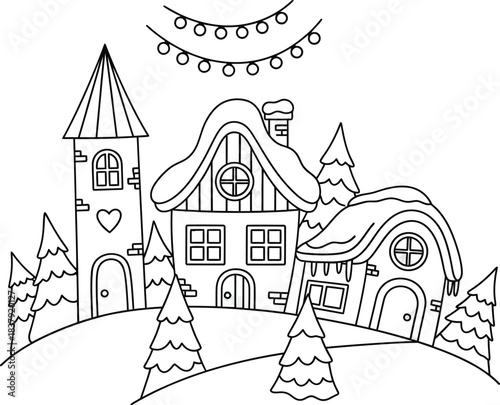 Charming line art illustration of a whimsical winter village on a snowy hill with cozy houses and festive lights.