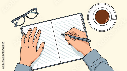 Person writing in lined notebook with pen glasses and coffee cup overhead view hand