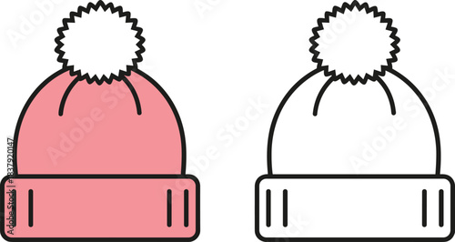 Pink and white knitted bobble hats with black outlines beanie pompom