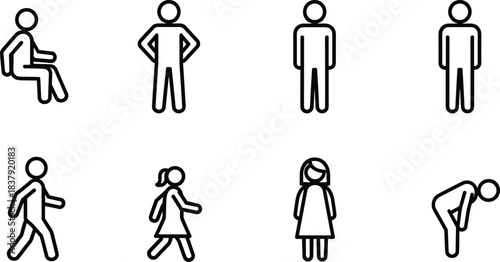 Set of eight black outline stick figure icons showing people in various poses person
