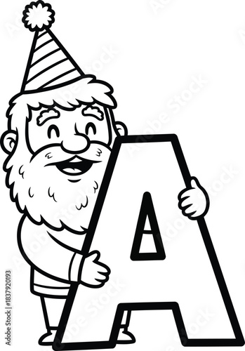 Cheerful cartoon gnome with a beard and party hat holding the capital letter A line art.
