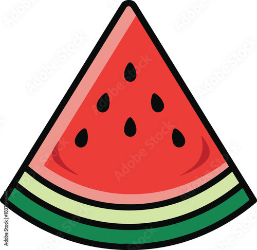 Simple cartoon slice of watermelon with black seeds and green rind fruit food