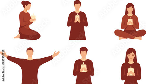 Six diverse people in warm red clothing holding lit candles in various poses person