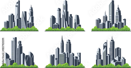 Six flat design city skyline illustrations with green trees and white backgrounds