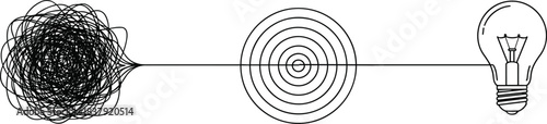Tangled lines simplifying to concentric circles leading to a light bulb abstract